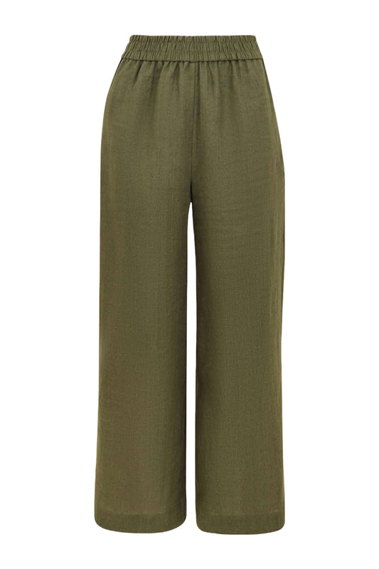 Linen Pocket Khaki Wide Leg Trousers