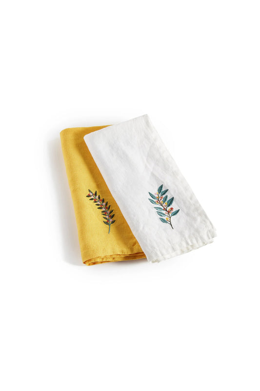 Set of 2 Junio Embroidered Foliage Washed Linen Napkins