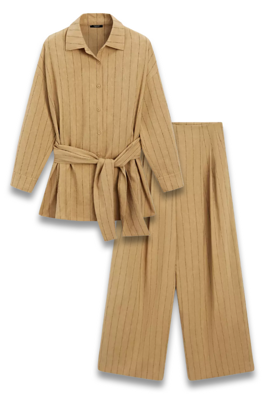 Striped Flowing Shirt with Corset-belt Detail and Darted Wide-leg Trousers