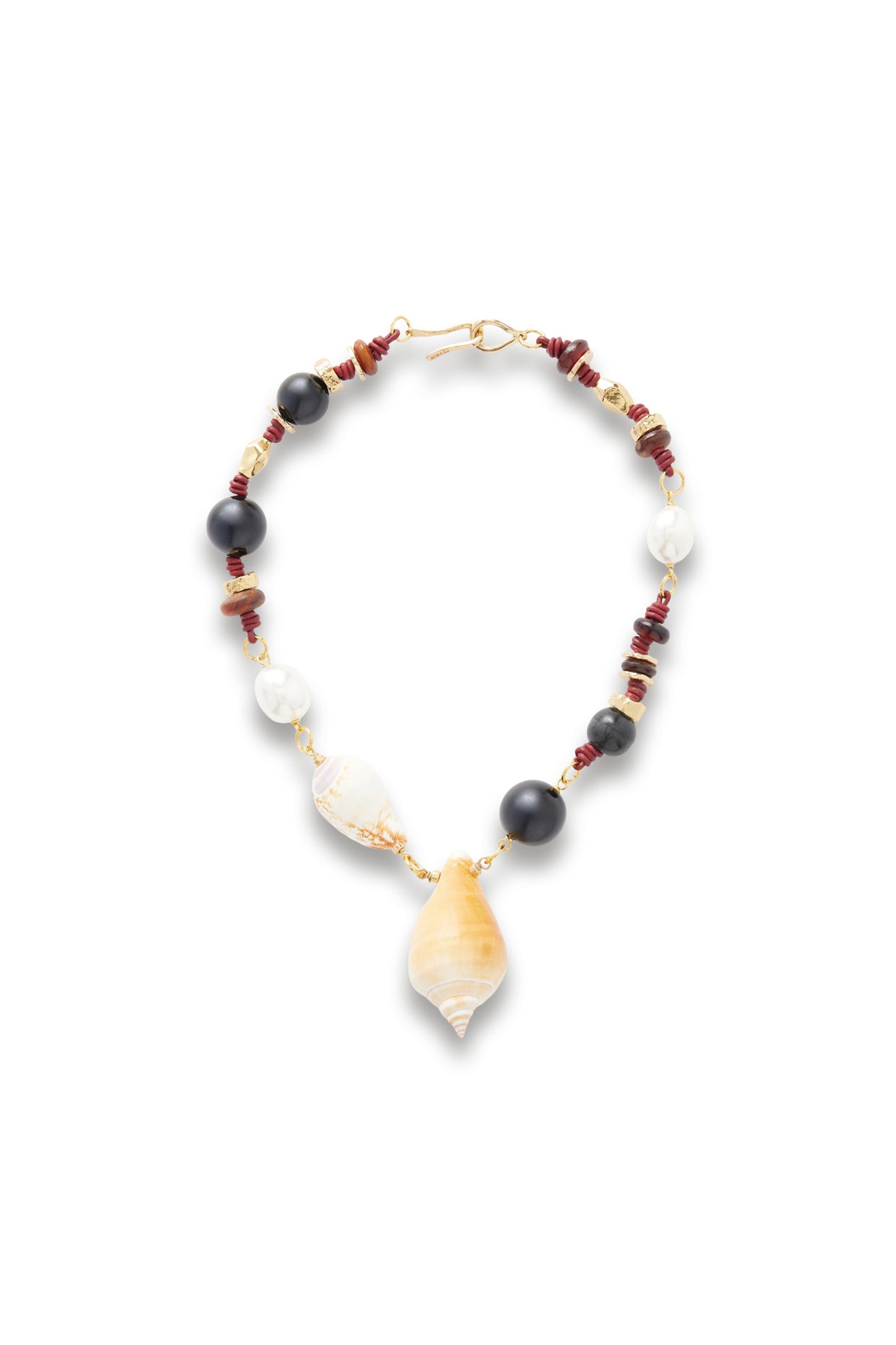 Samsara Gold-plated, onyx, Leather and Seashell Beaded Necklace