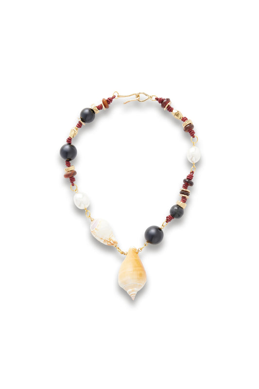 Samsara Gold-plated, onyx, Leather and Seashell Beaded Necklace