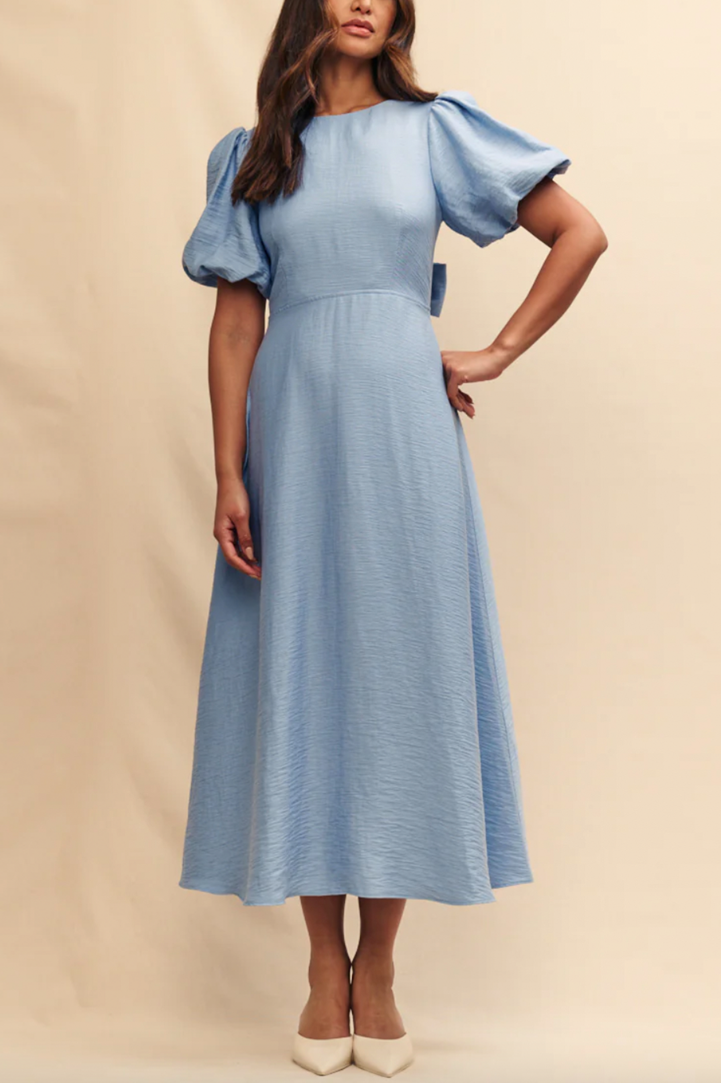 Blue Balloon Sleeve Zola Midi Dress