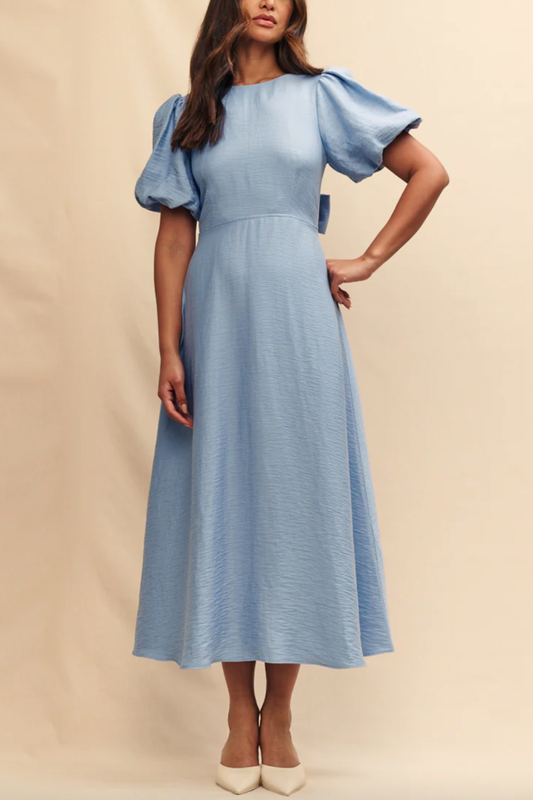 Blue Balloon Sleeve Zola Midi Dress