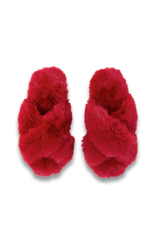 Red Crossover Faux Fur Slippers