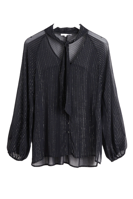 Metallic Stripe Black Tie Neck Blouse