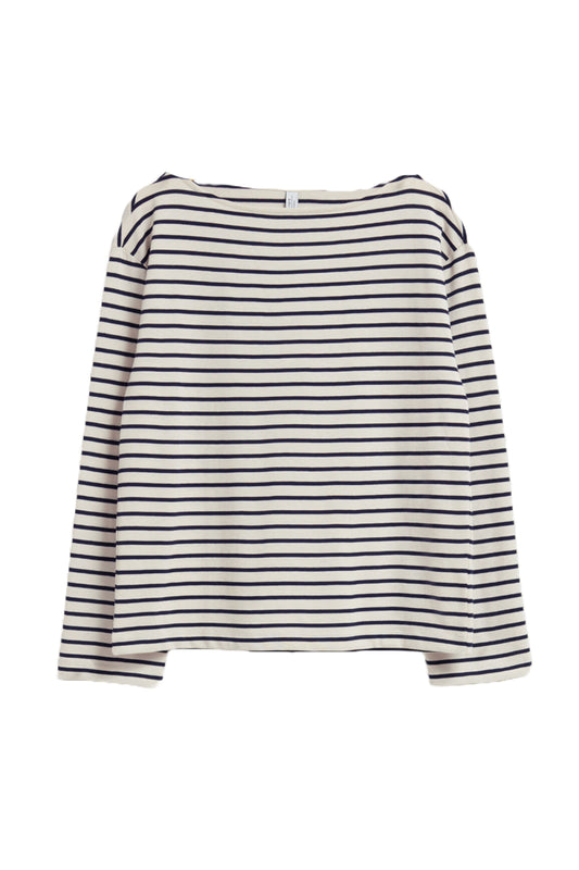 Long Sleeve Boat Neck Top in Navy and White Stripe