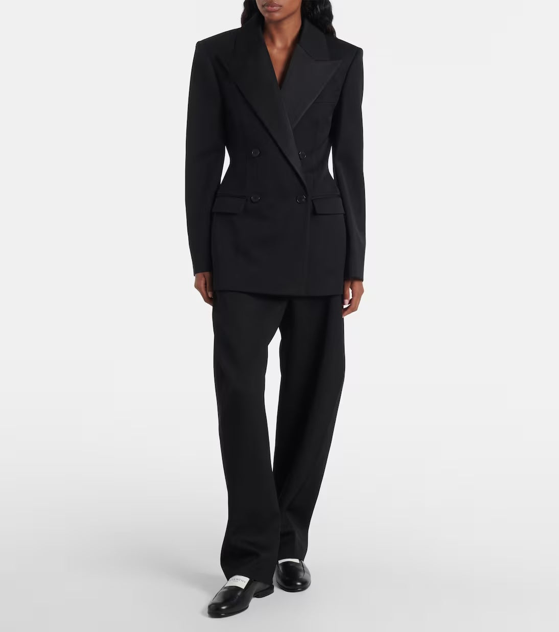 Double-breasted Satin-trimmed Wool Blazer and Barrel-leg Pants