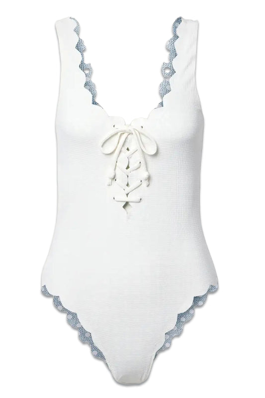 Palm Springs Reversible Lace-up Scalloped Seersucker Swimsuit