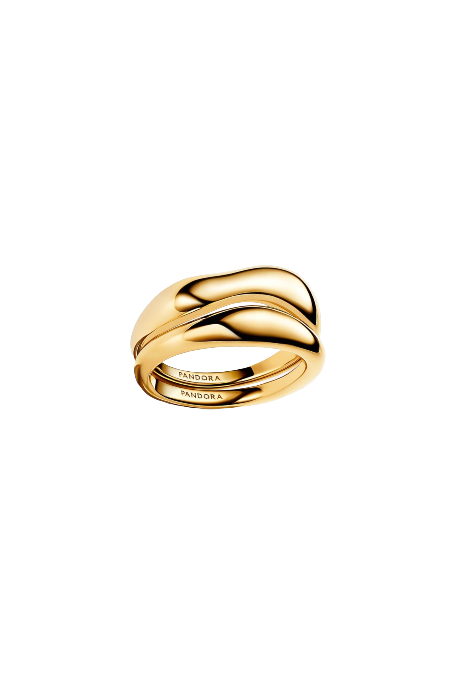 A gold-colored Pandora stacking ring with an organically shaped design, displayed against a white background.