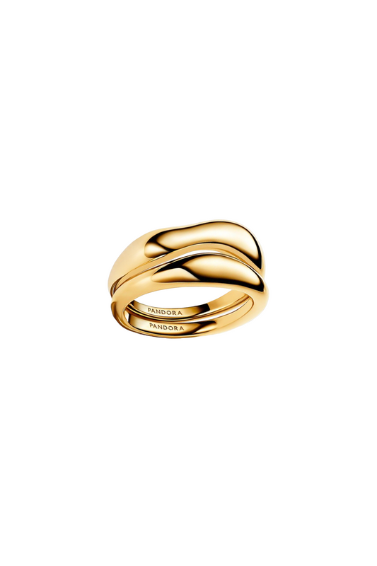 A gold-colored Pandora stacking ring with an organically shaped design, displayed against a white background.