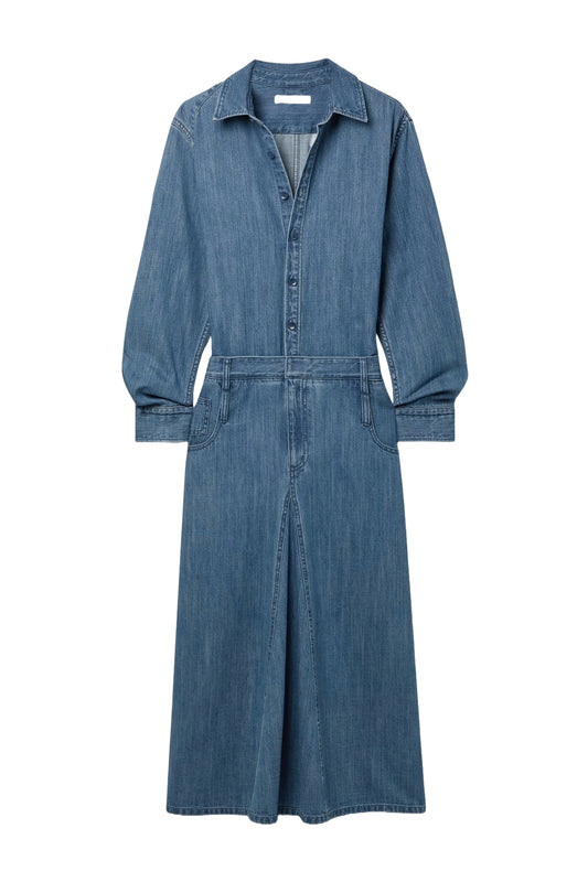 Paneled Denim Midi Shirt Dress