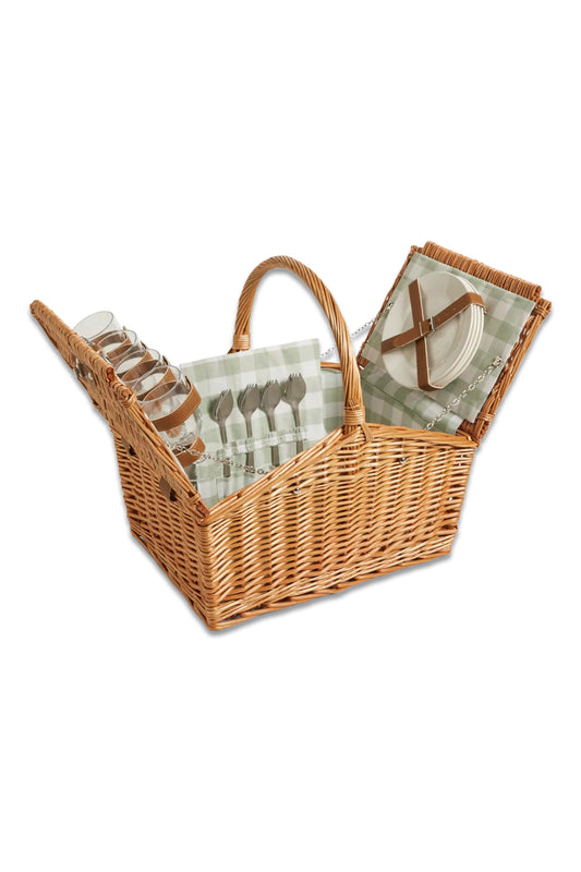 Country Gingham Print Filled Willow Wicker 4 Person Picnic Hamper