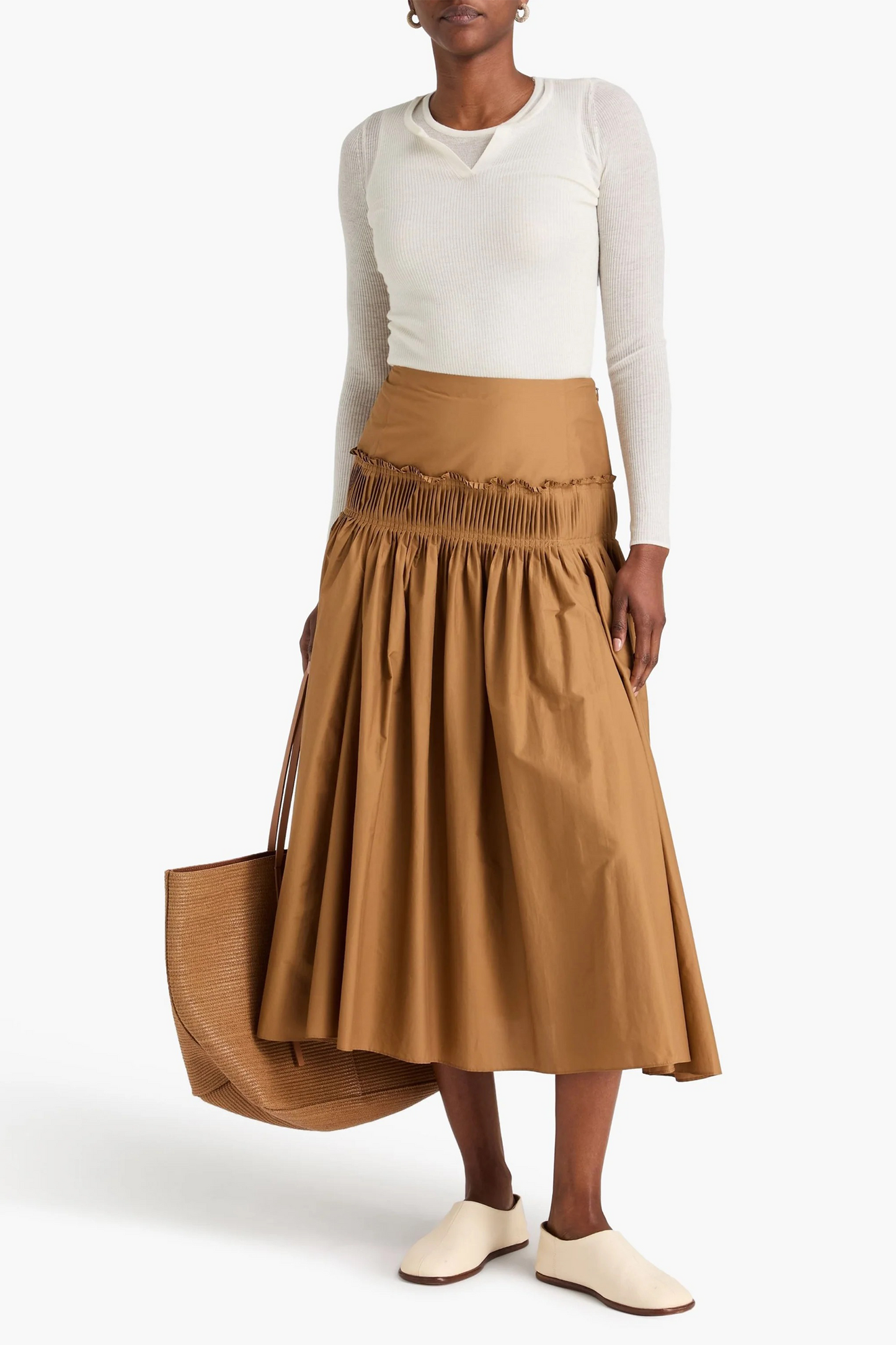 Pleated Cotton-blend Poplin Midi Skirt