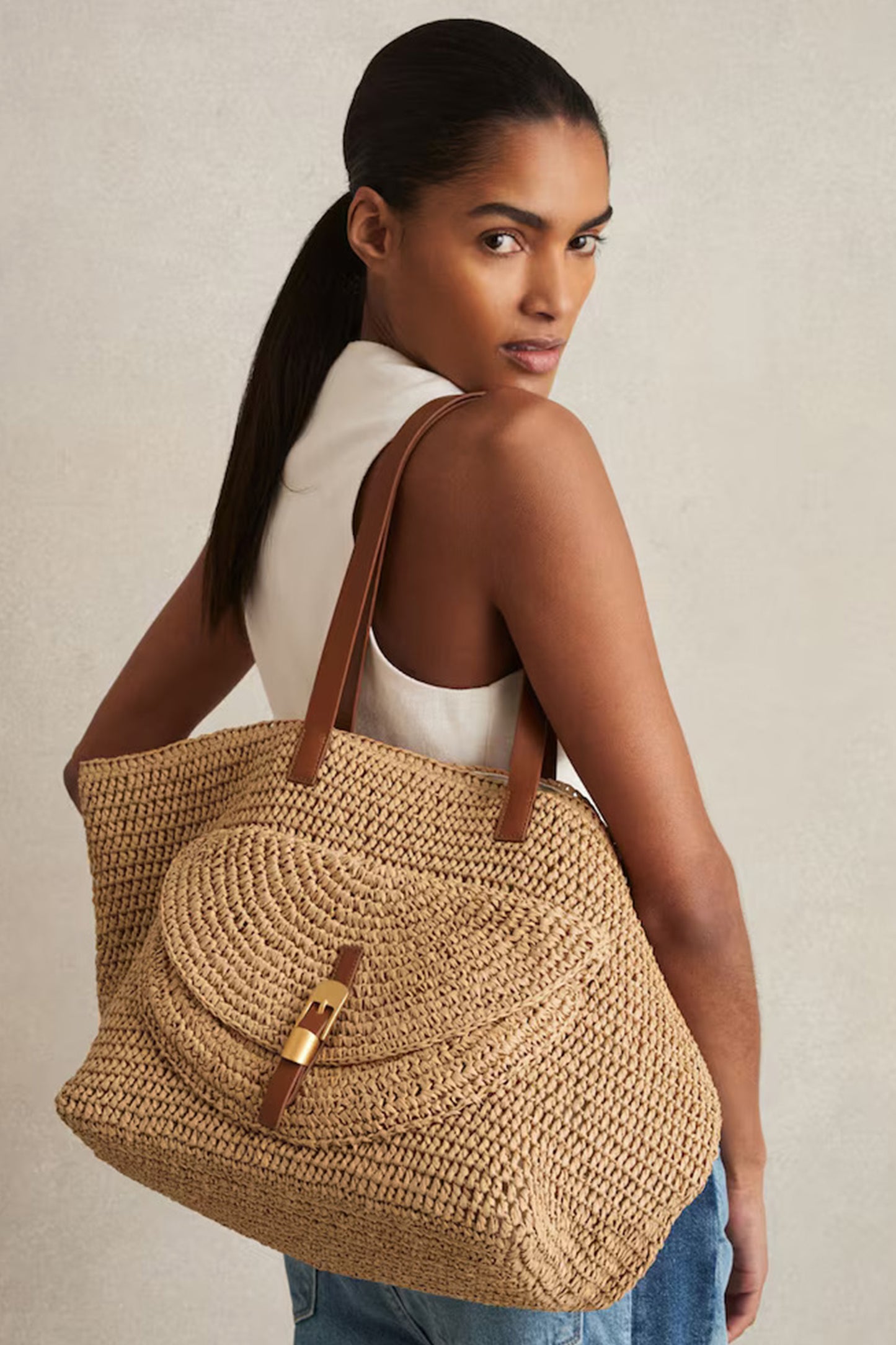 Aurora Flap-Pocket Raffia Tote Bag in Natural