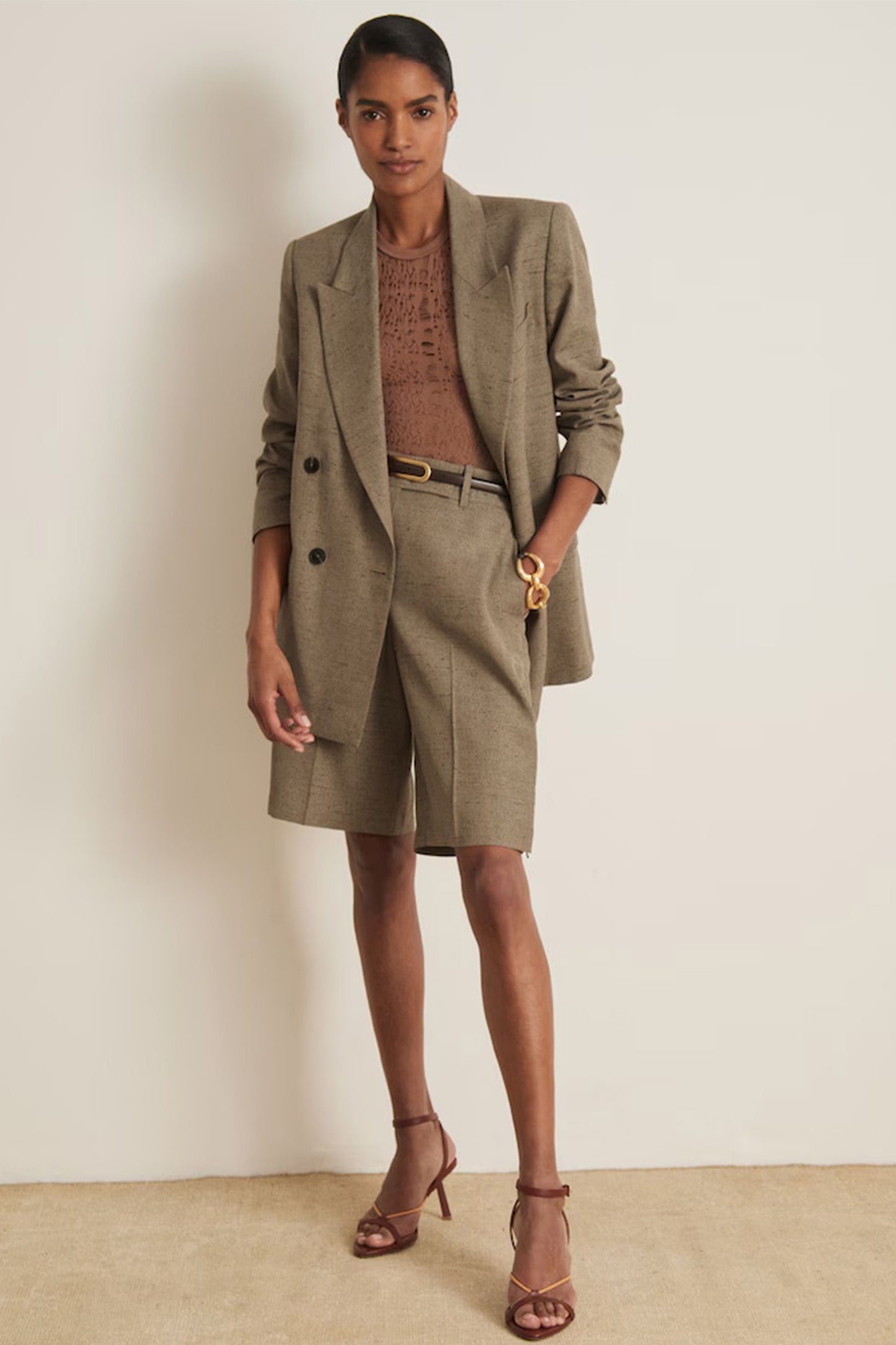 Atelier Double-Breasted Suit Jacket Tailored Shorts in Linen