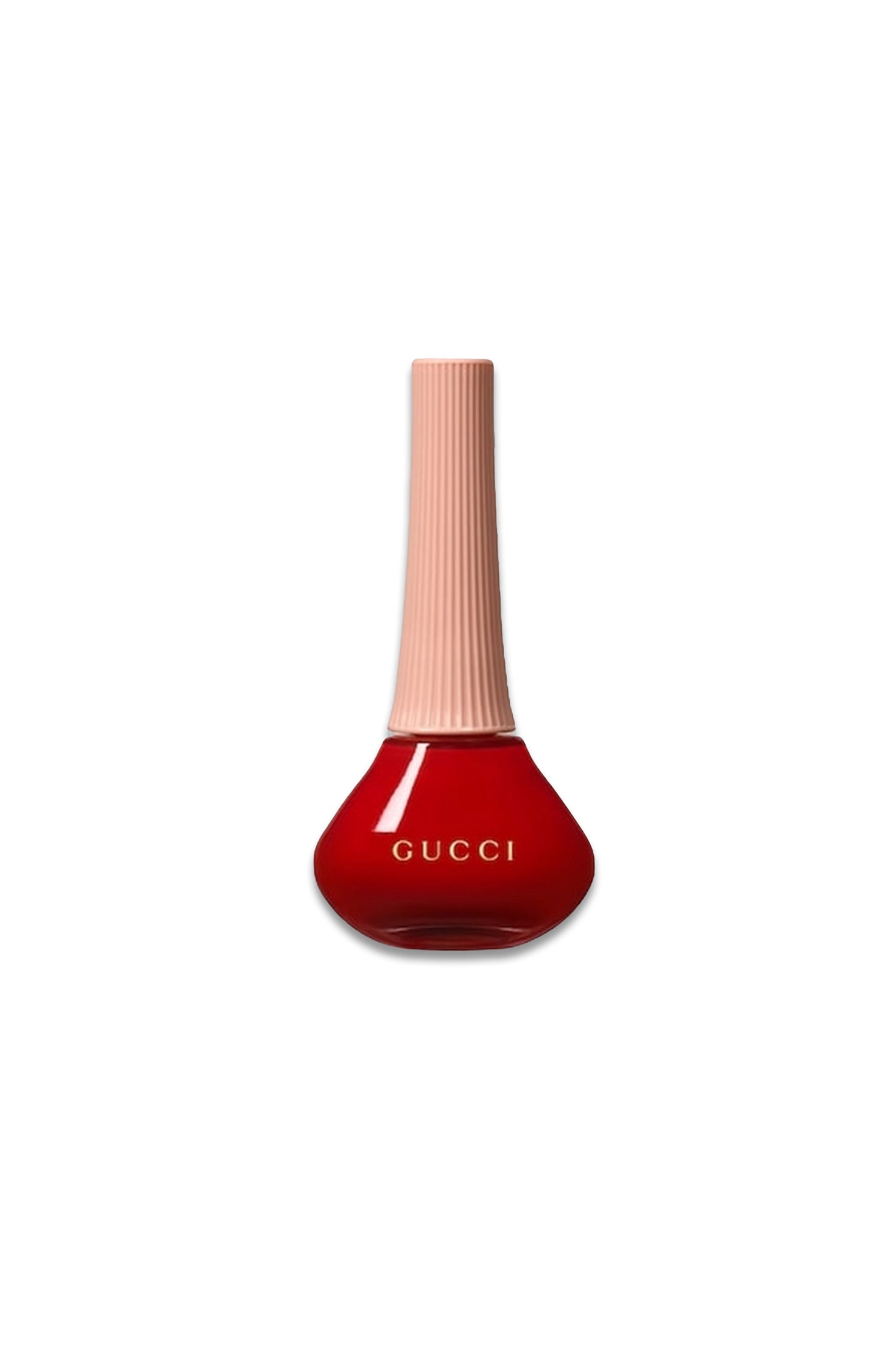 Red Gucci nail polish bottle with a pink cap on a white background


