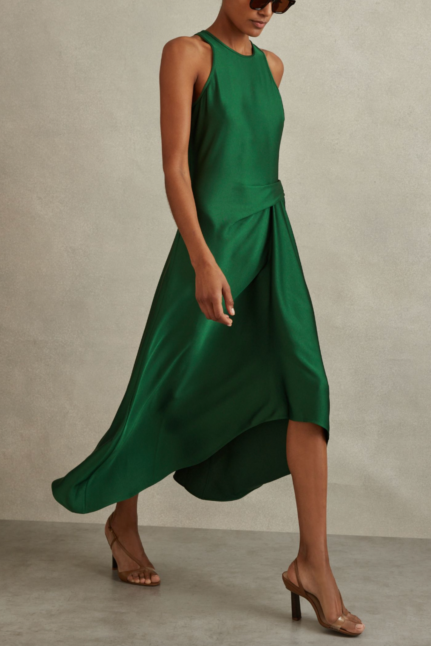 Green Micah Satin Drape Tuck Midi Dress