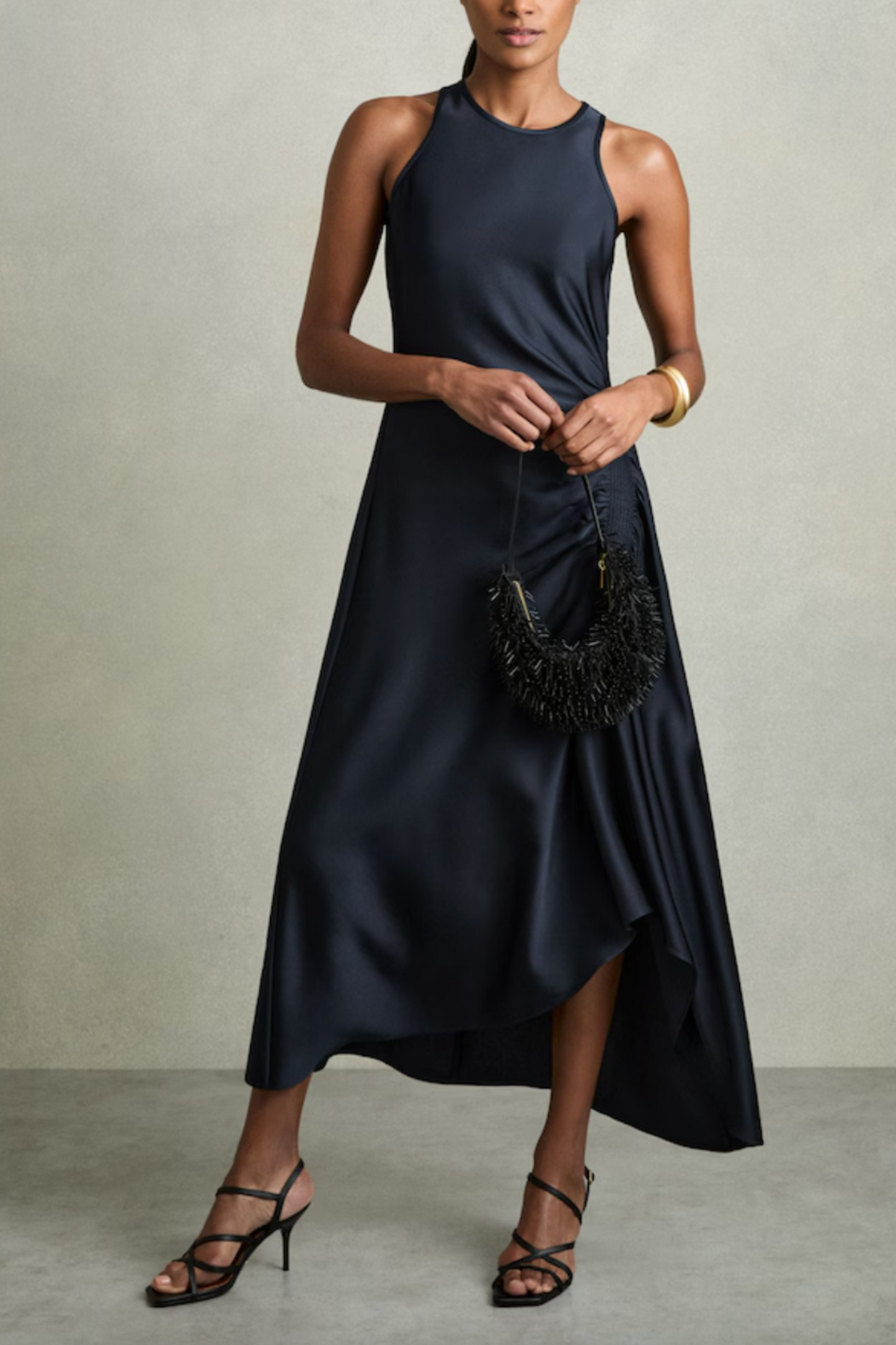 Anessa Petite Satin Shirred Midi Dress in Navy