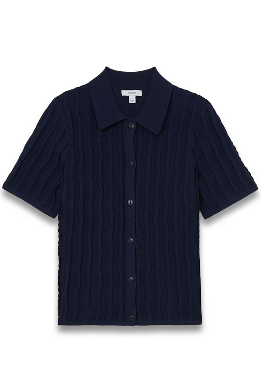 Audrey Stitch-detail Short-sleeve Knitted Shirt in Navy