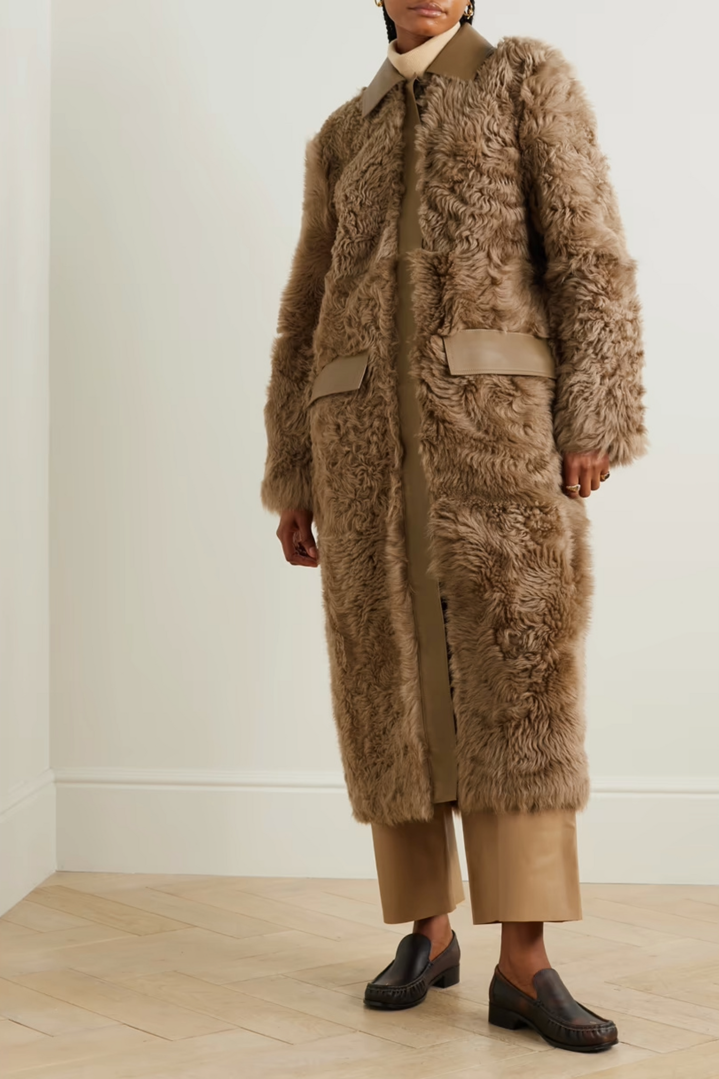 + NET SUSTAIN Leather-trimmed Shearling Coat