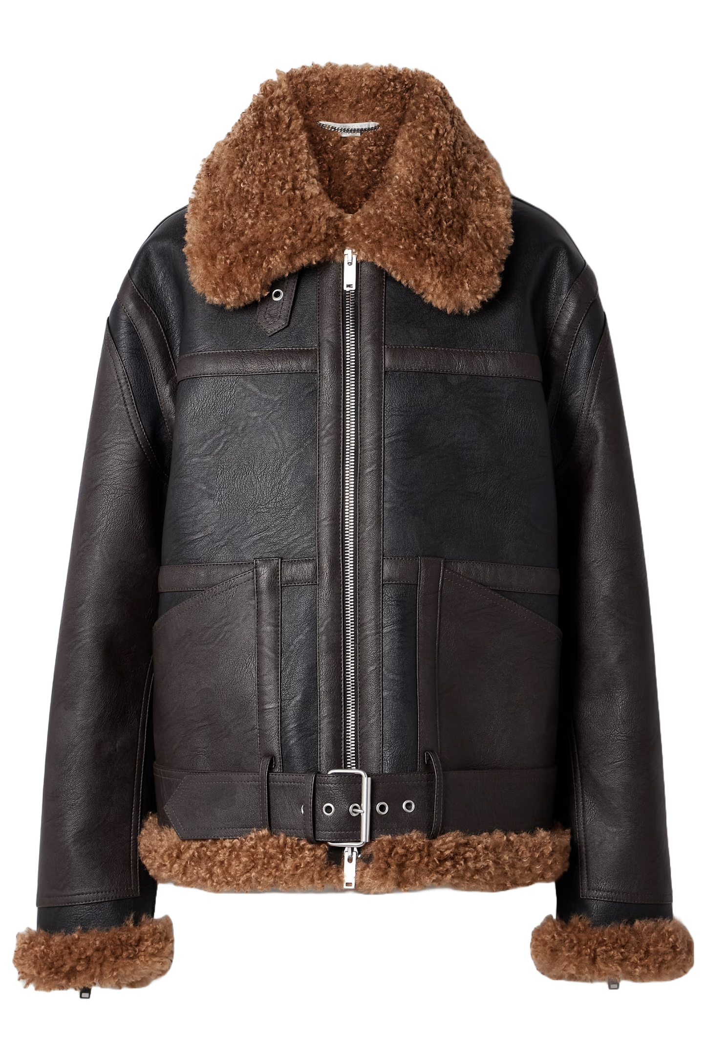 Oversized Faux Shearling-trimmed Two-tone Vegan Leather Jacket