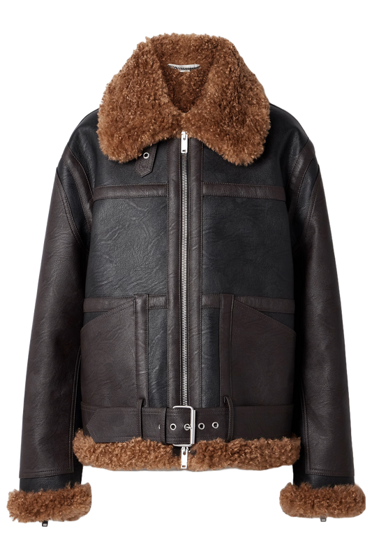 Oversized Faux Shearling-trimmed Two-tone Vegan Leather Jacket