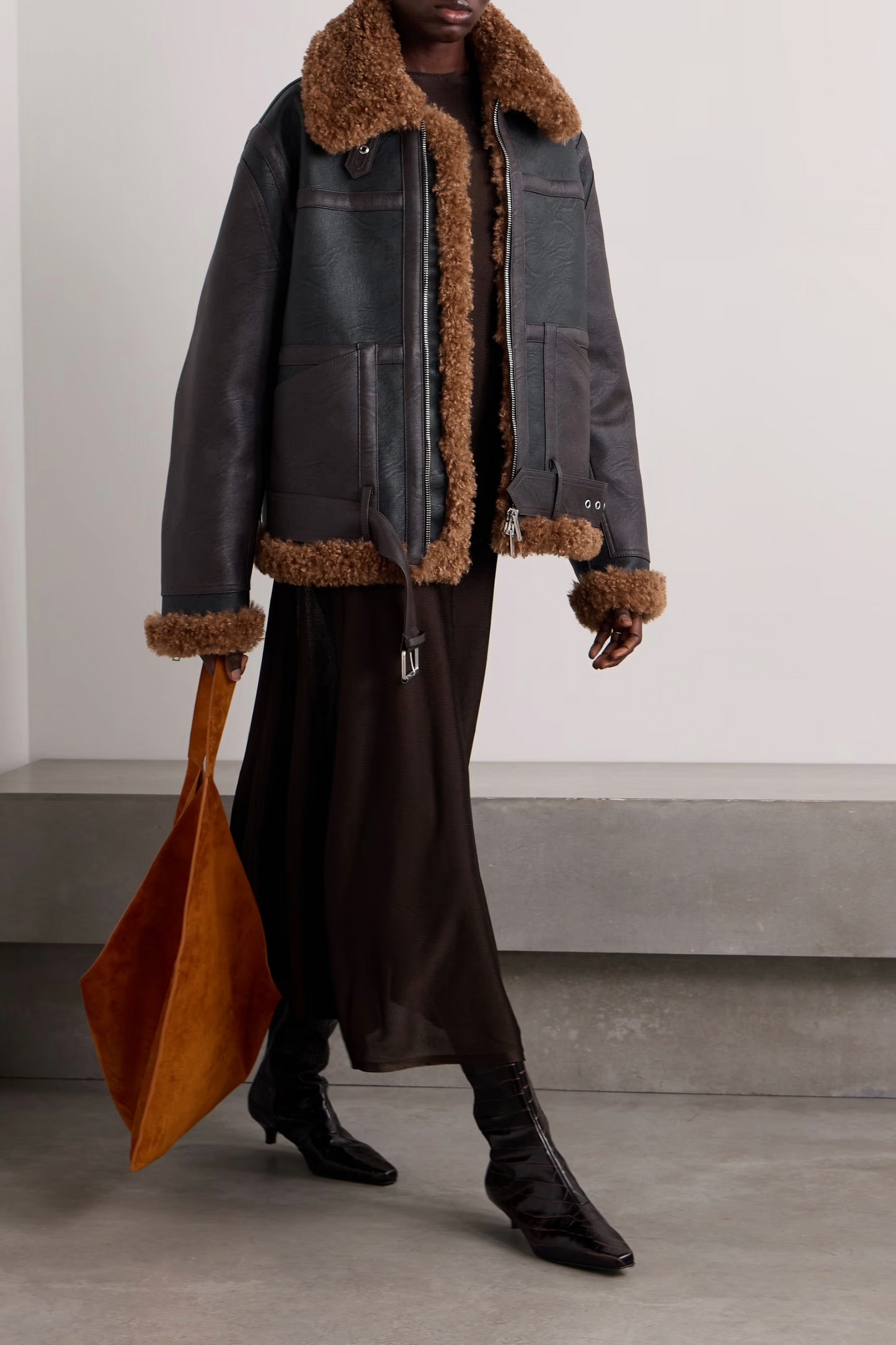 Oversized Faux Shearling-trimmed Two-tone Vegan Leather Jacket