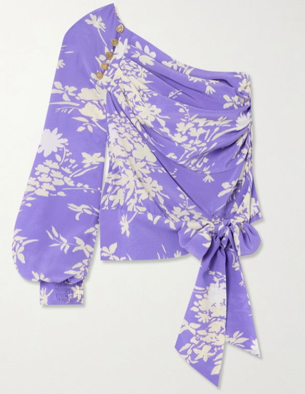 Solange One-shoulder Draped Floral-print Silk Crepe De Chine Top