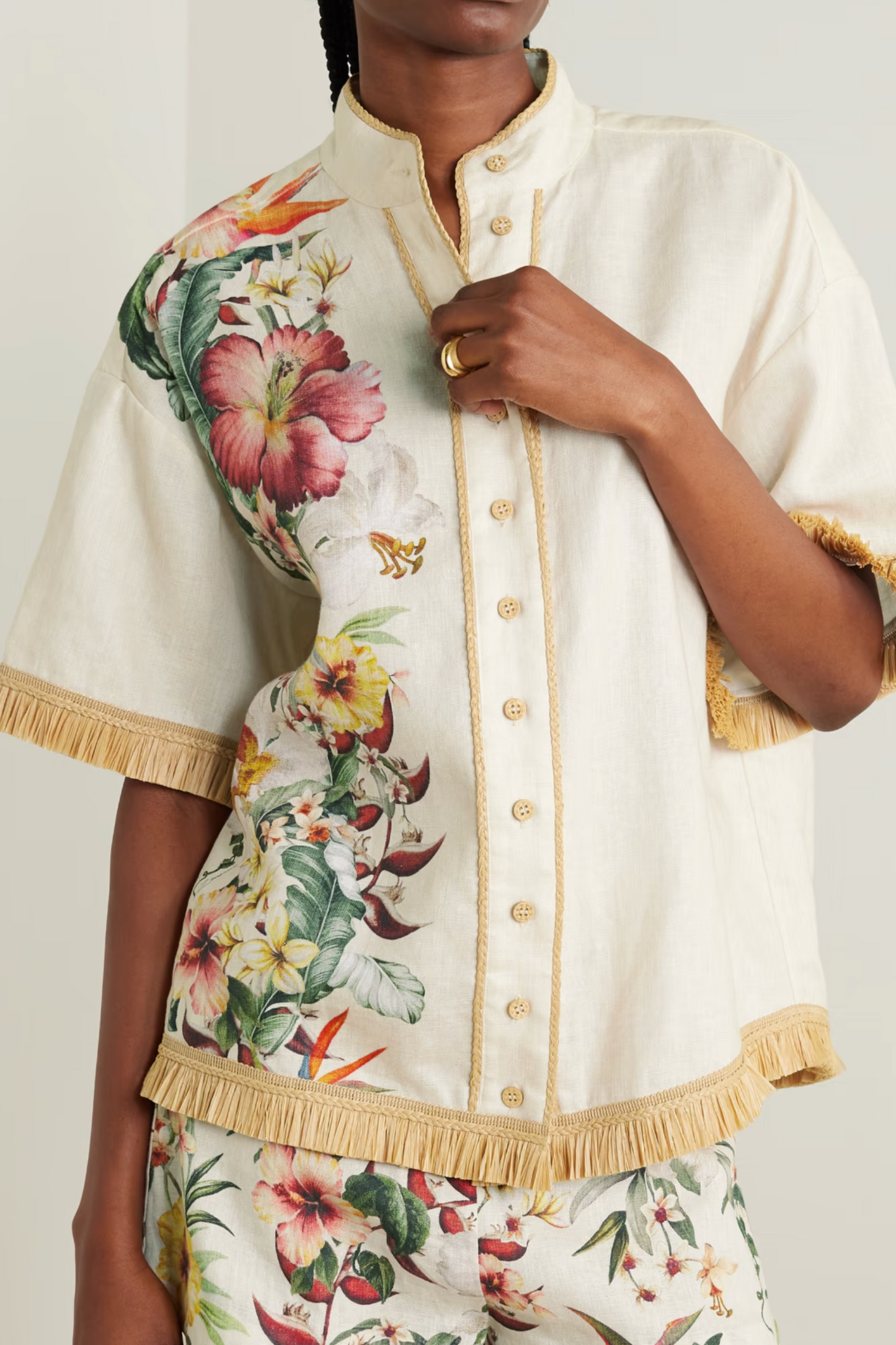 Lexi Raffia-Trimmed Floral-Print Linen Shirt