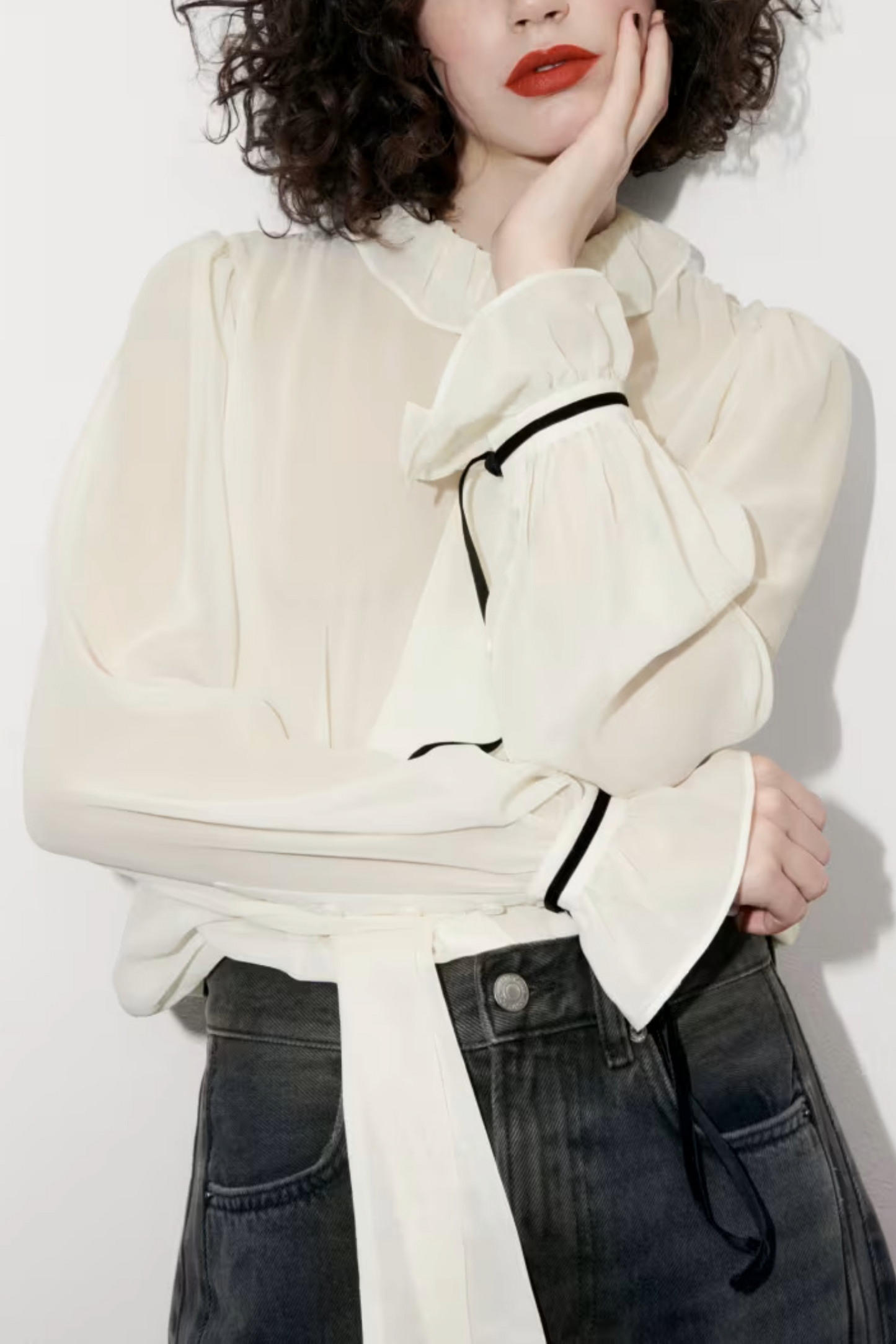 Pure Silk Tie-Neck Ruffle Blouse