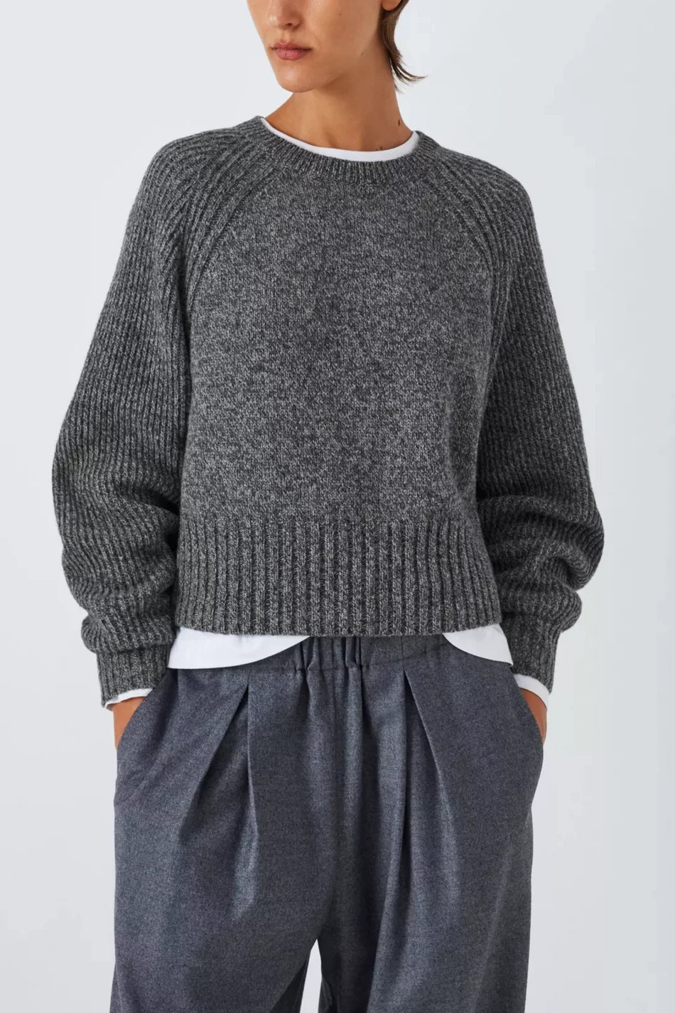 Wool Blend Crew Neck Crop Shepherd Jumper, Charcoal