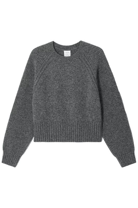 Wool Blend Crew Neck Crop Shepherd Jumper, Charcoal
