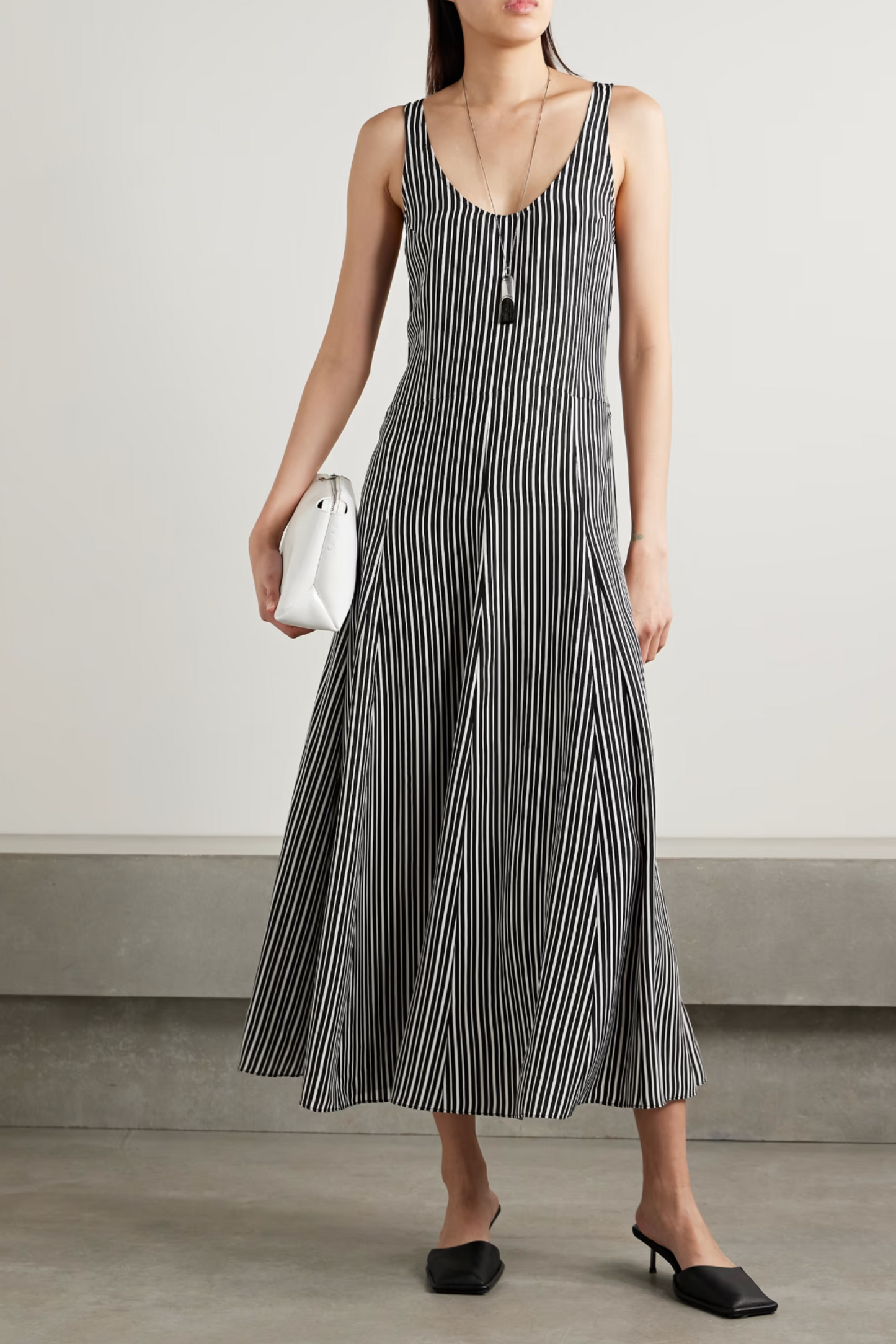 Pleated Striped Recycled-Crepe de Chine Midi Dress