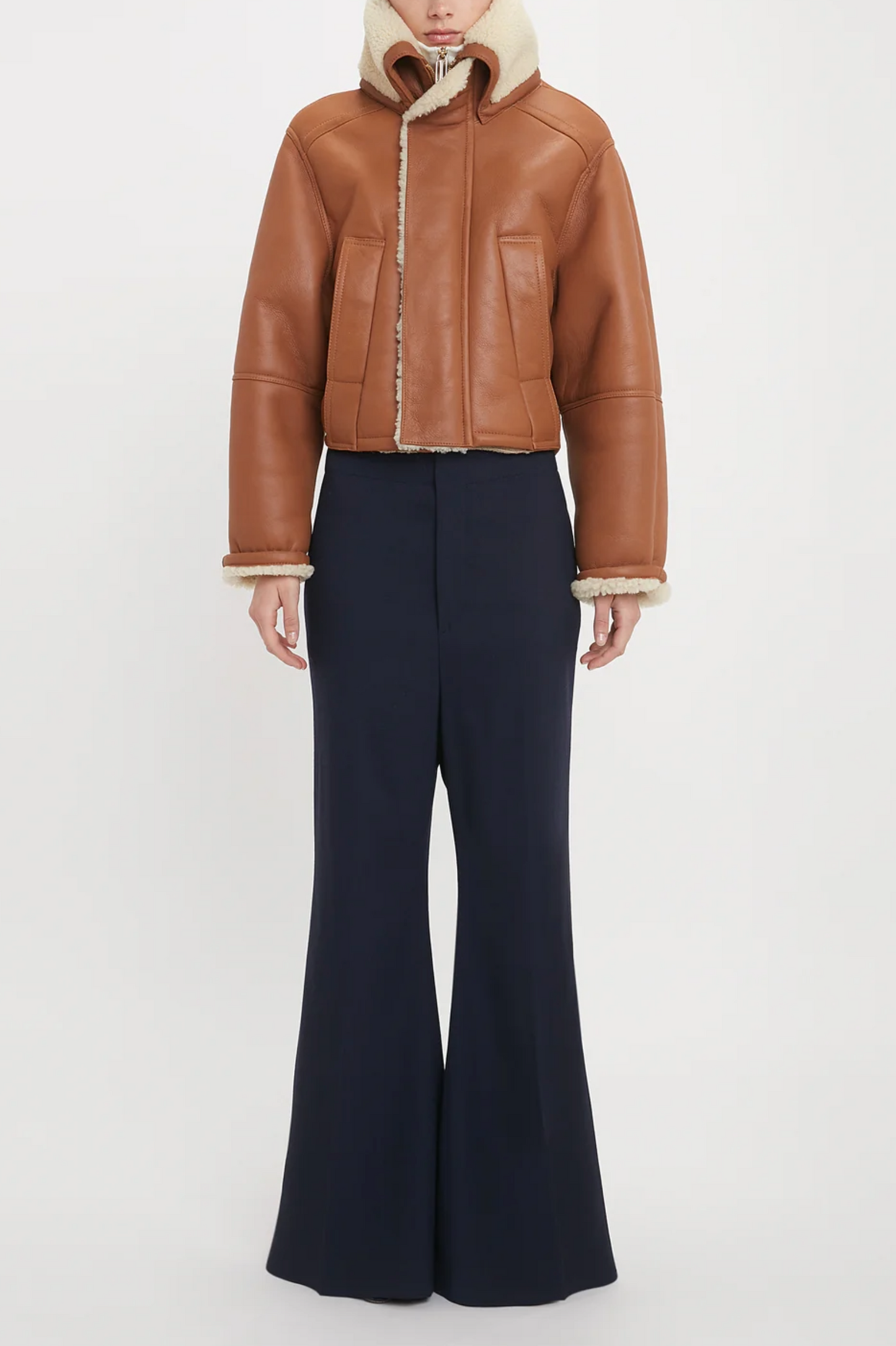 Shearling Pea Coat In Tan-Cream