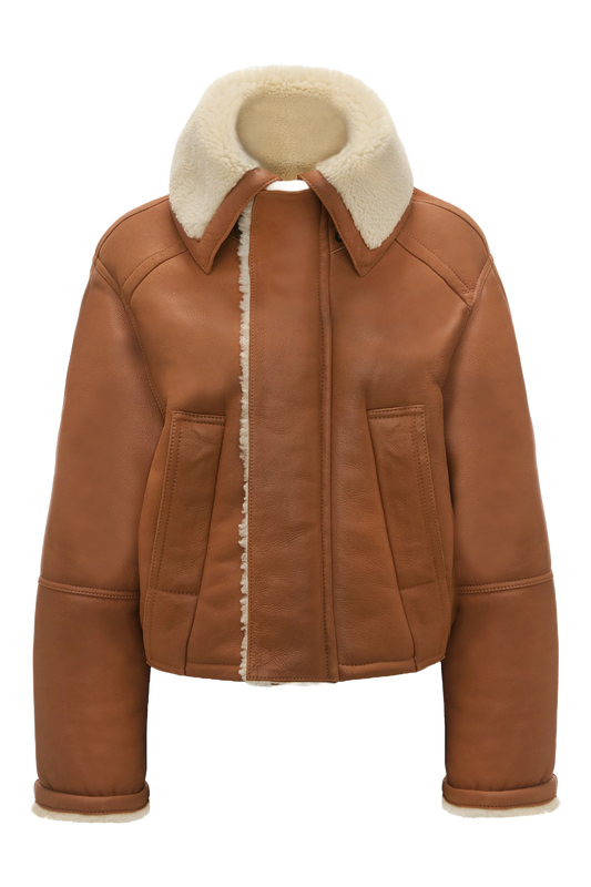 Shearling Pea Coat In Tan-Cream