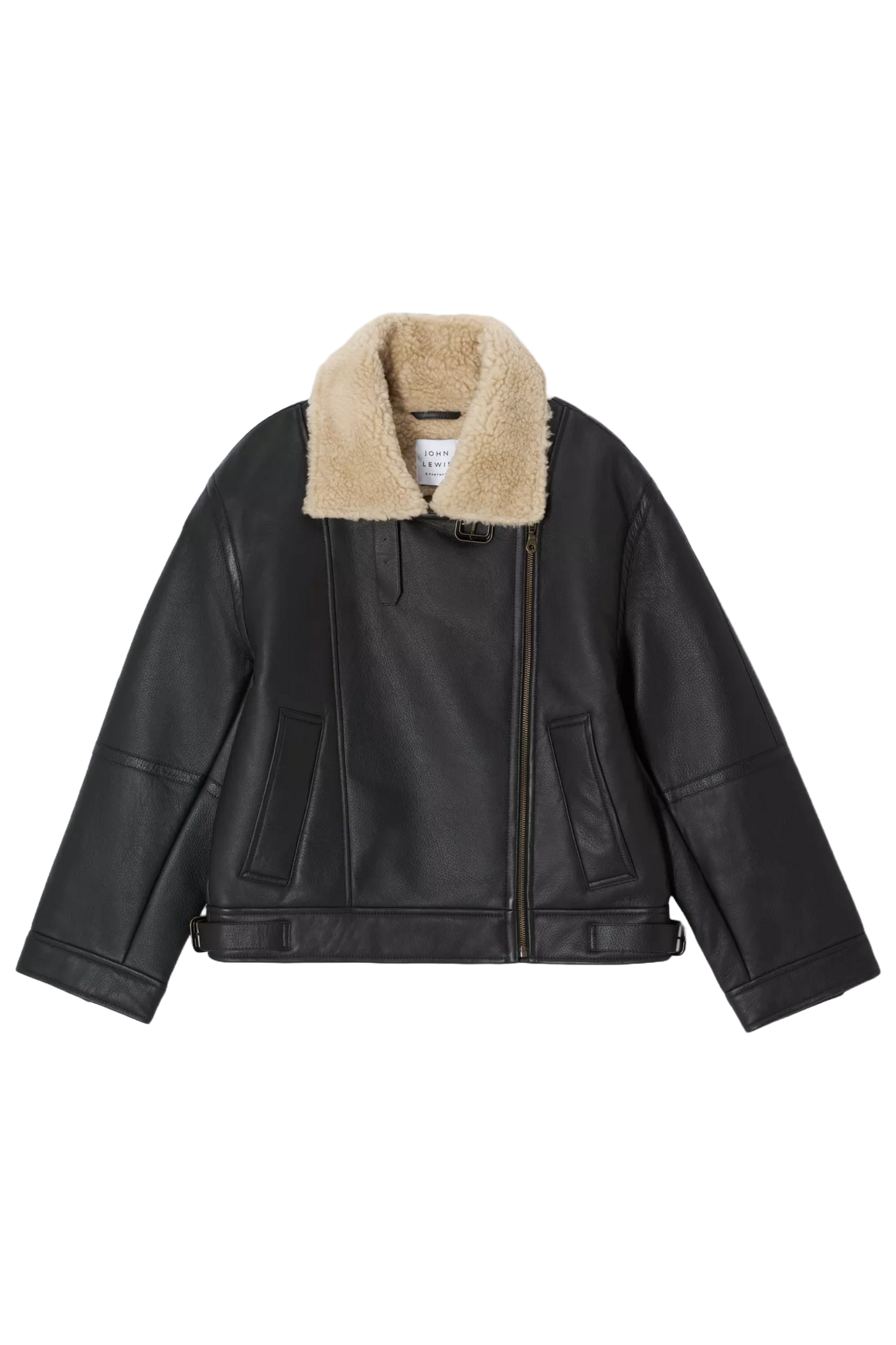 Oversized Shearling Collar Leather Aviator Jacket, Black