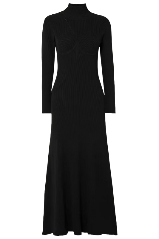 Obsidian Open-back Ribbed-knit Turtleneck Maxi Dress