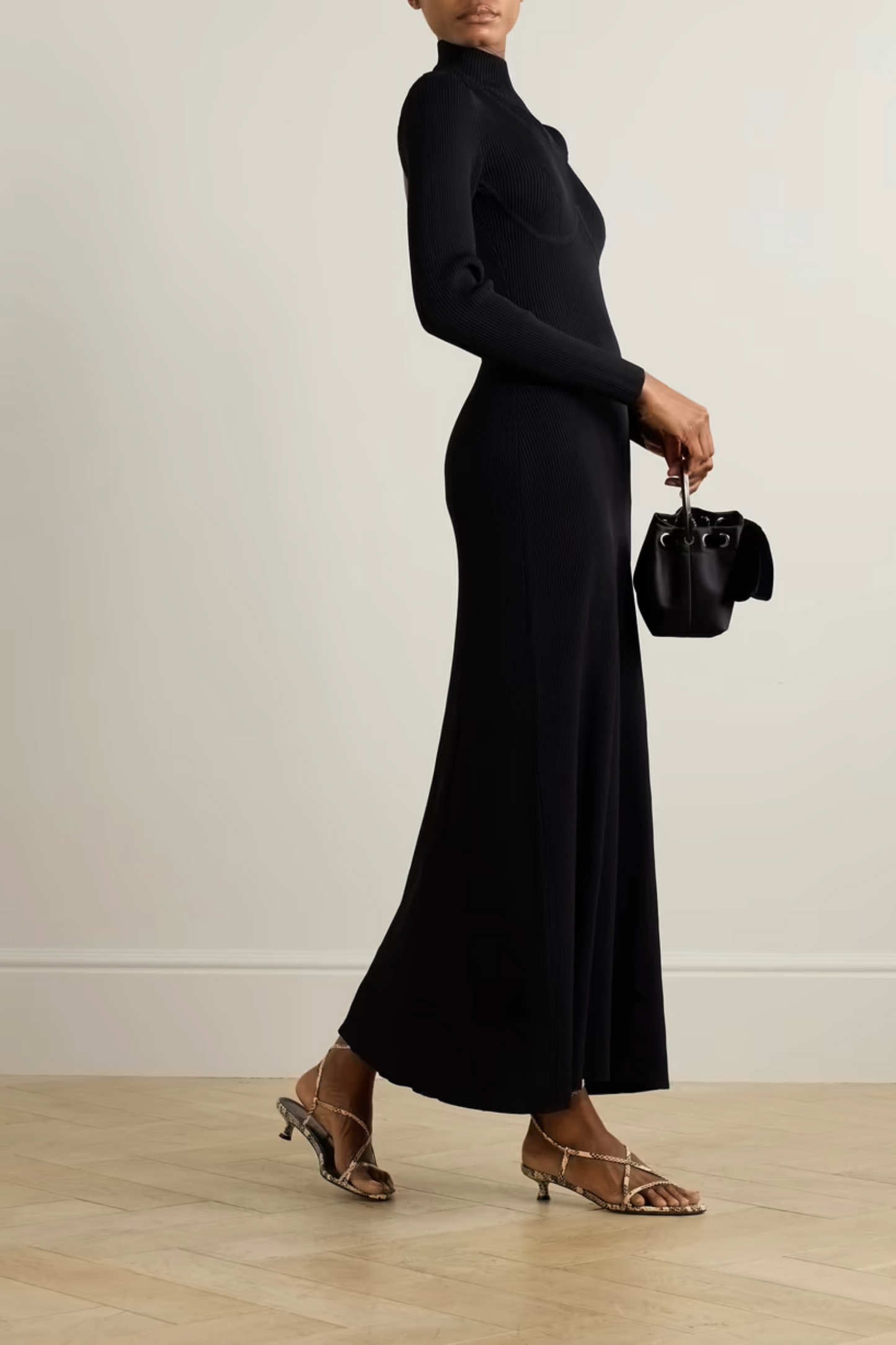 Obsidian Open-back Ribbed-knit Turtleneck Maxi Dress