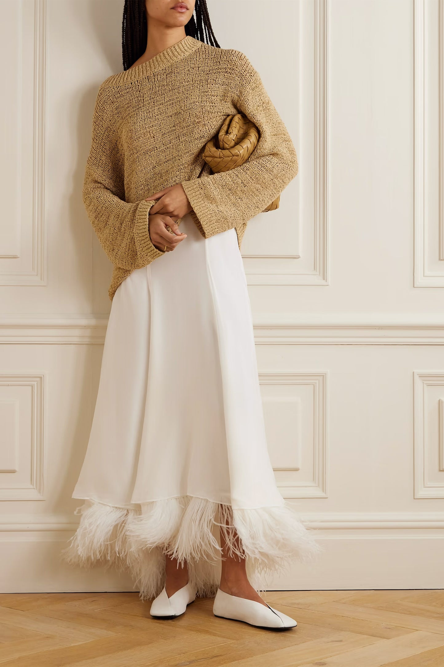 Renee feather-trimmed silk-satin skirt