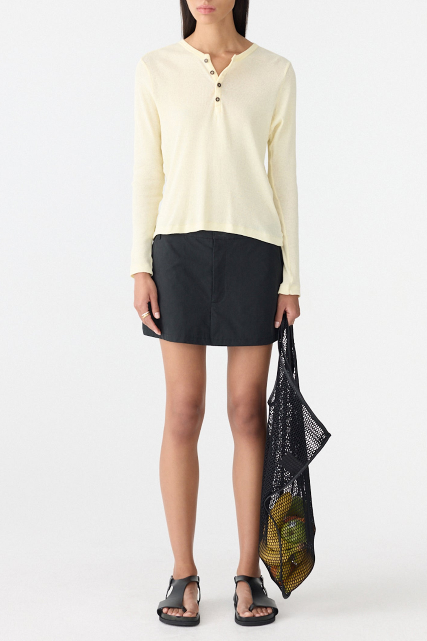 Sheer Rib Long-sleeve Placket T-Shirt