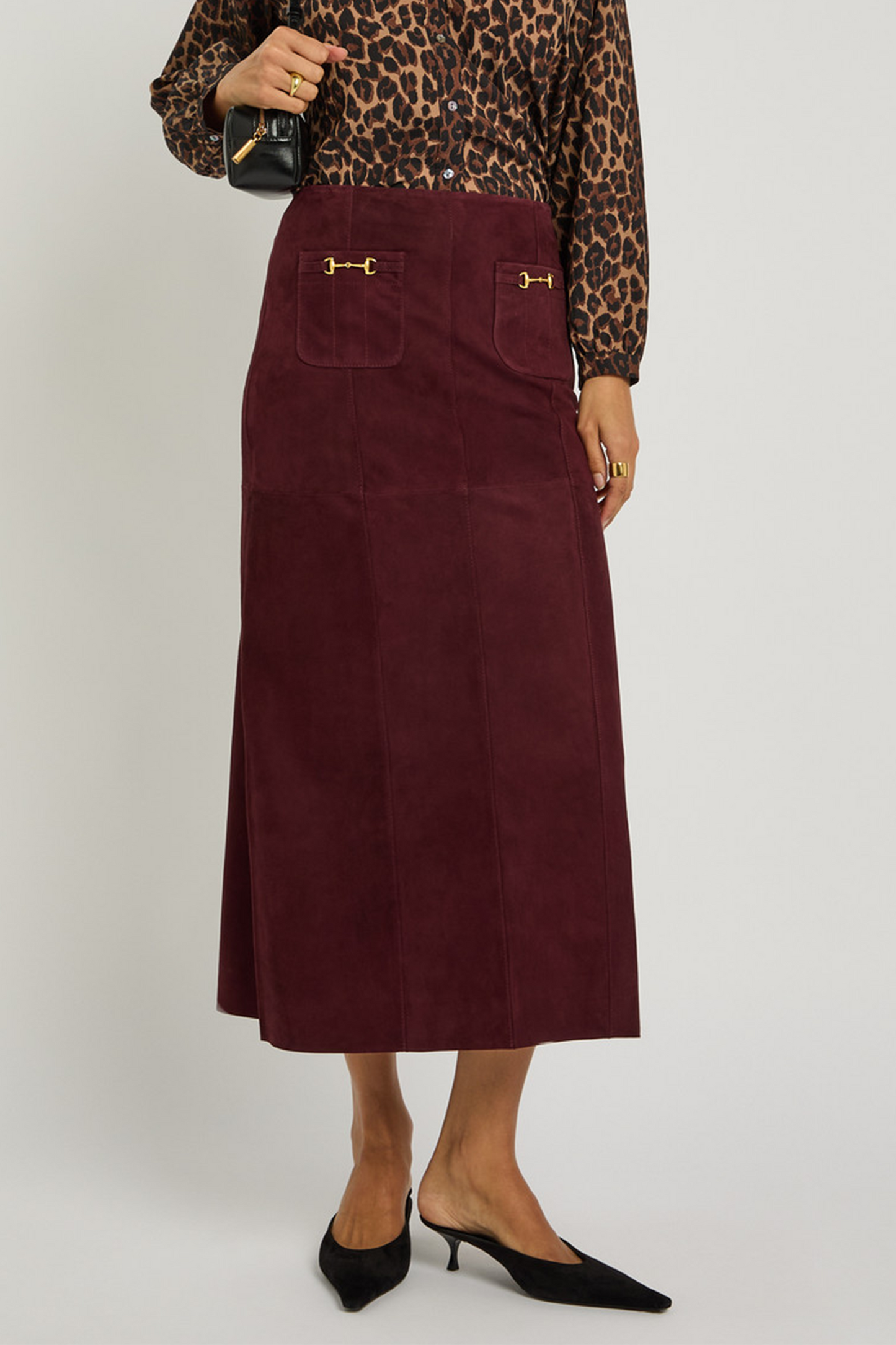 Edwina Horsebit-Embellished Suede Midi Skirt