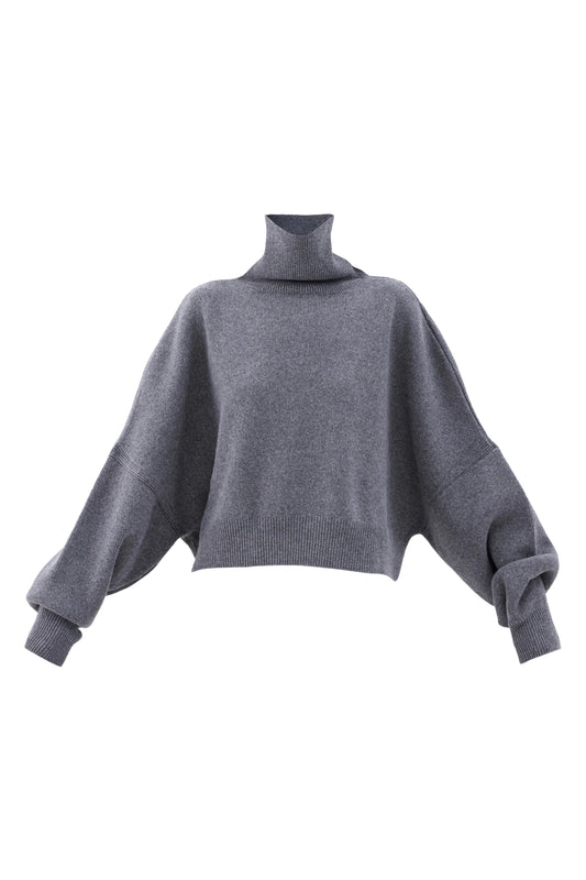Roll Neck Grey Wool Cropped Cocoon Jumper