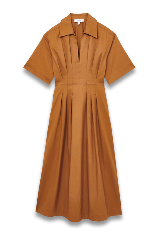 Cotton Pleated-Waist Midi Dress in Rust