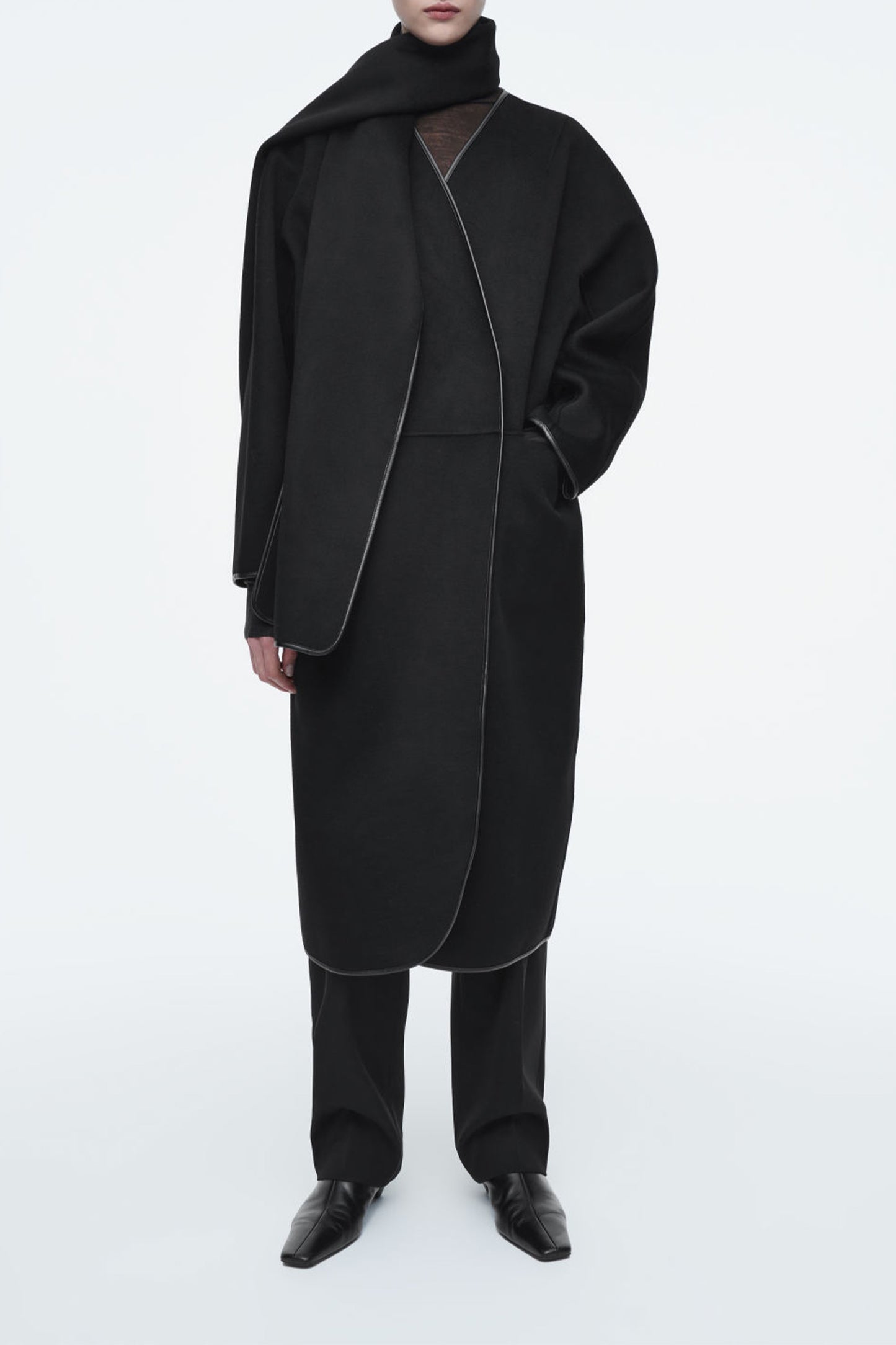 Leather-Trimmed Wool Scarf Coat, Black