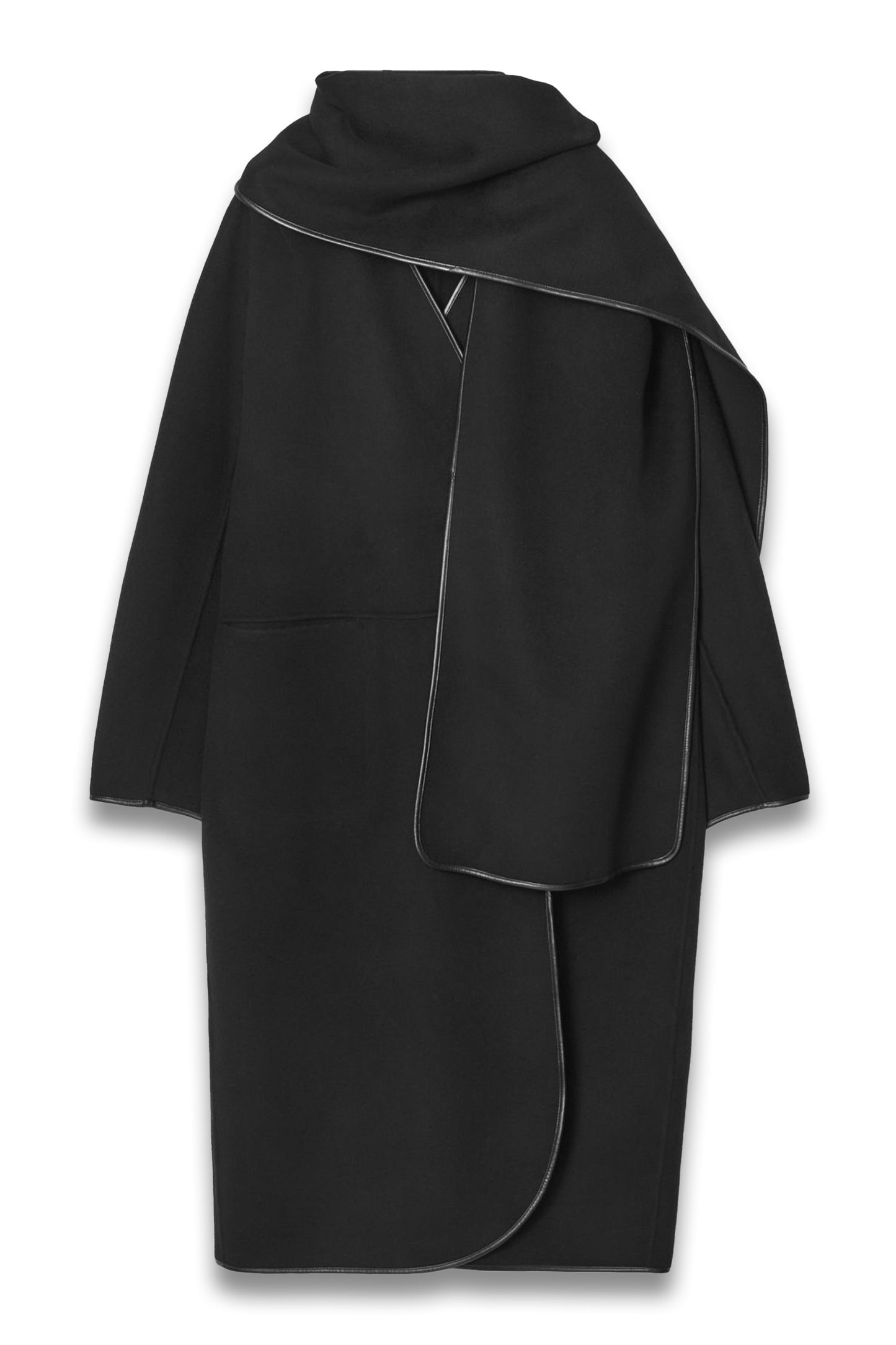 Leather-Trimmed Wool Scarf Coat, Black