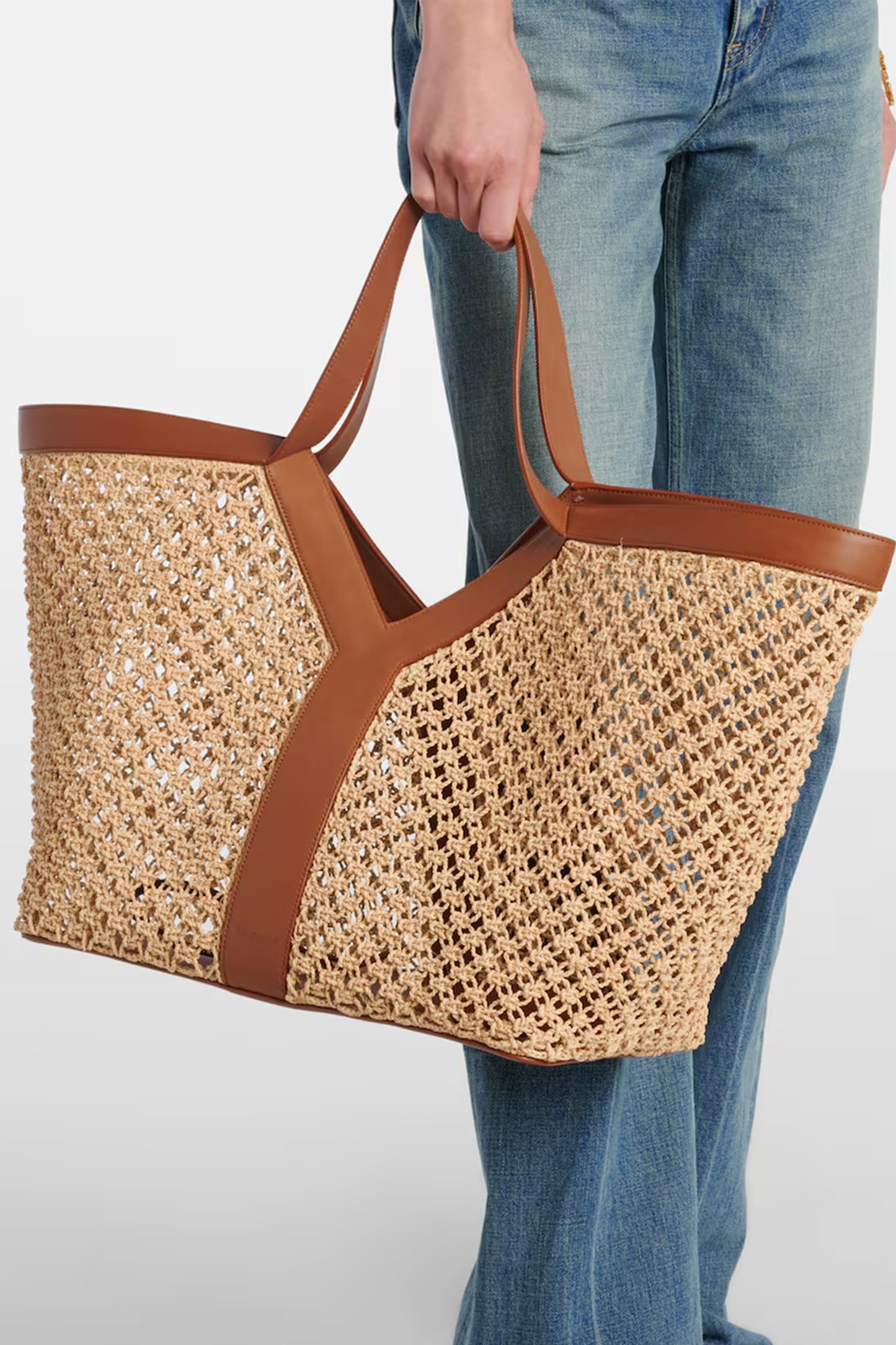 Y leather-trimmed raffia shopper