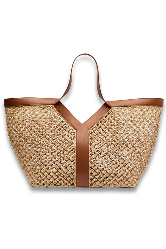 Y leather-trimmed raffia shopper