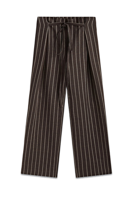 Striped Linen Blend Trousers with Tie Detail