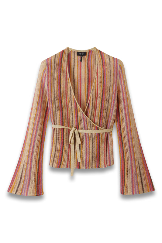 Metallic Textured Stripe Knit Wrap Top