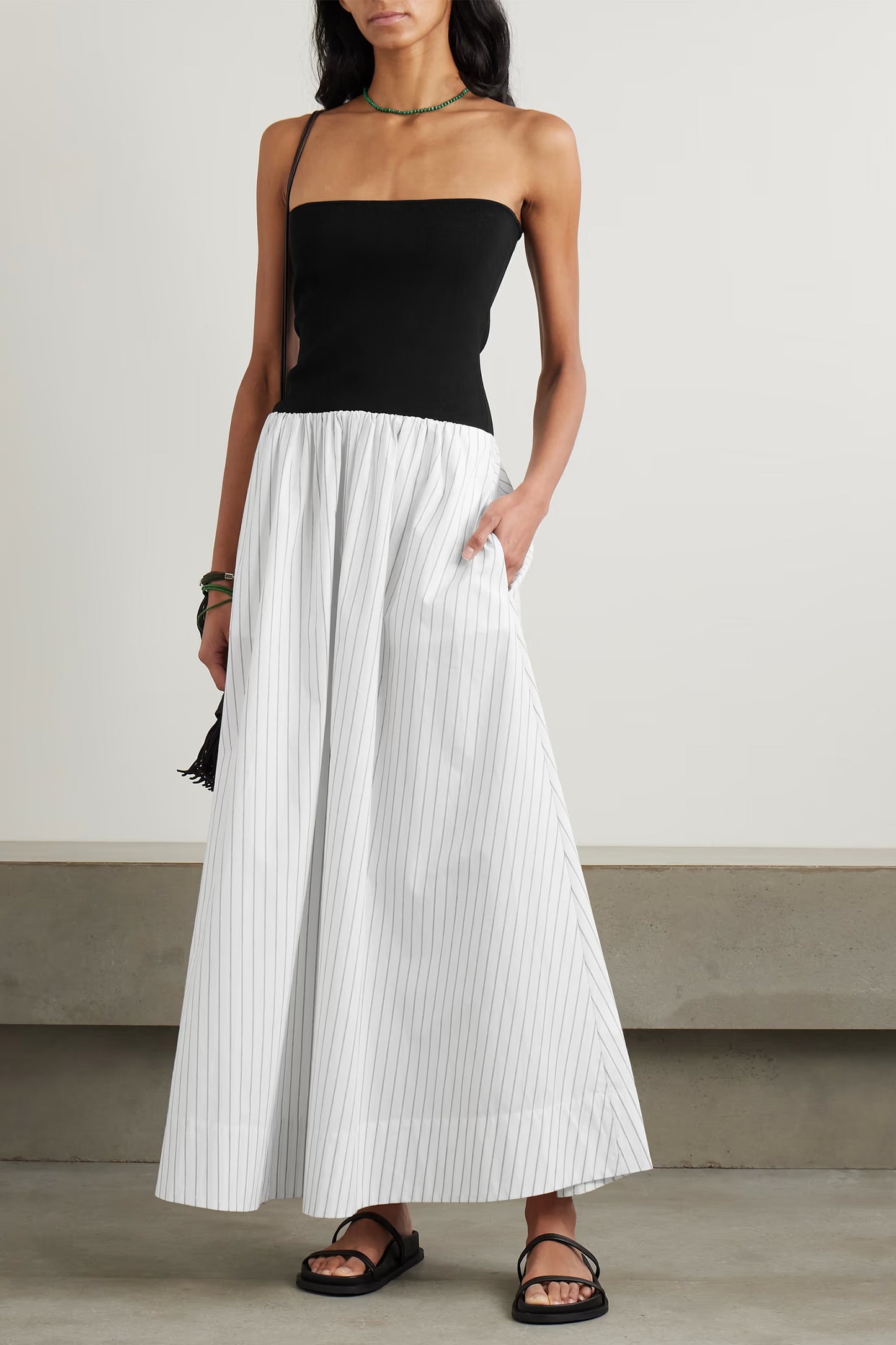 Strapless Jersey and Pinstriped Organic Cotton Maxi Dress